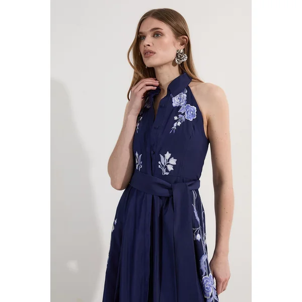 Petite Rose robe midi halter en voile de coton brodé
