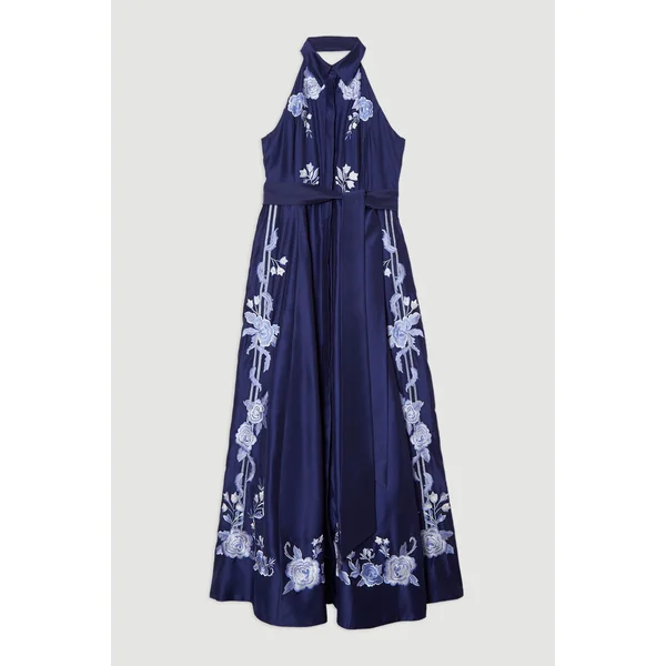 Petite Rose robe midi halter en voile de coton brodé