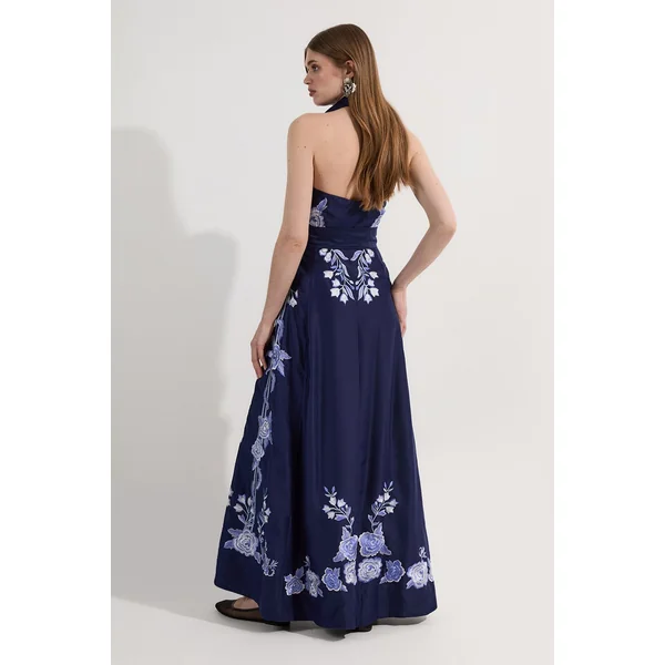 Petite Rose robe midi halter en voile de coton brodé