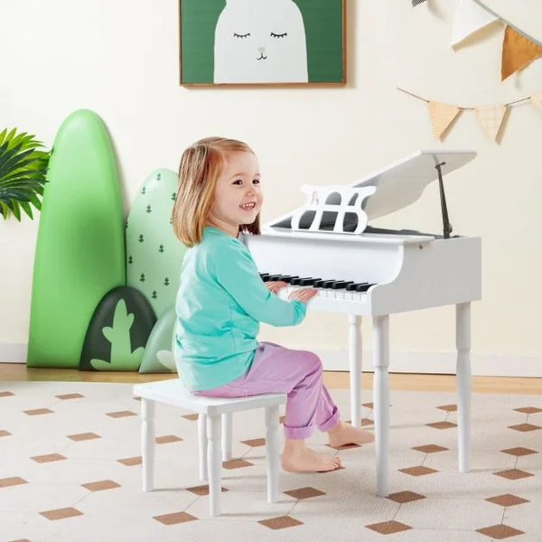 Piano Numérique 30 Touches pour Enfants avec Tabouret & Pupitre Clavier Electronique en Bois de Bouleau pour Enfants de 3-8 Ans Blanc