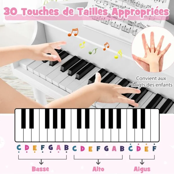 Piano Numérique 30 Touches pour Enfants avec Tabouret & Pupitre Clavier Electronique en Bois de Bouleau pour Enfants de 3-8 Ans Blanc