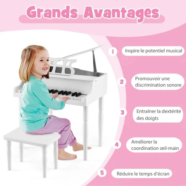Piano Numérique 30 Touches pour Enfants avec Tabouret & Pupitre Clavier Electronique en Bois de Bouleau pour Enfants de 3-8 Ans Blanc