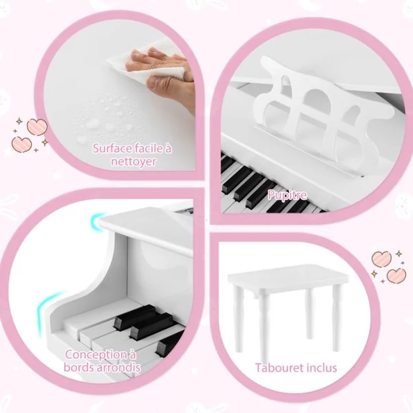Piano Numérique 30 Touches pour Enfants avec Tabouret & Pupitre Clavier Electronique en Bois de Bouleau pour Enfants de 3-8 Ans Blanc