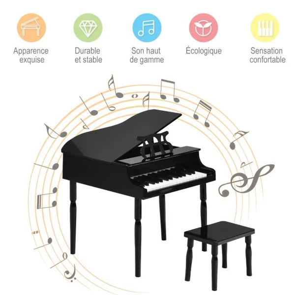 Piano Numérique 30 Touches pour Enfants avec Tabouret & Pupitre Clavier Electronique en Bois de Bouleau pour Enfants de 3-8 Ans Noir
