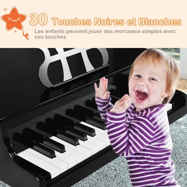 Piano Numérique 30 Touches pour Enfants avec Tabouret & Pupitre Clavier Electronique en Bois de Bouleau pour Enfants de 3-8 Ans Noir