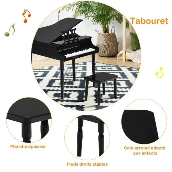 Piano Numérique 30 Touches pour Enfants avec Tabouret & Pupitre Clavier Electronique en Bois de Bouleau pour Enfants de 3-8 Ans Noir