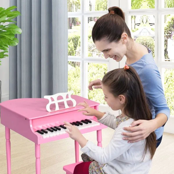Piano Numérique 30 Touches pour Enfants avec Tabouret & Pupitre Clavier Electronique en Bois de Bouleau pour Enfants de 3-8 Ans Rose