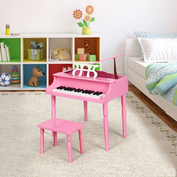 Piano Numérique 30 Touches pour Enfants avec Tabouret & Pupitre Clavier Electronique en Bois de Bouleau pour Enfants de 3-8 Ans Rose