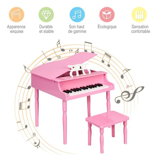 Piano Numérique 30 Touches pour Enfants avec Tabouret & Pupitre Clavier Electronique en Bois de Bouleau pour Enfants de 3-8 Ans Rose
