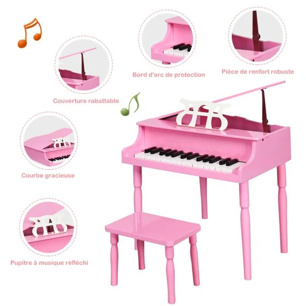 Piano Numérique 30 Touches pour Enfants avec Tabouret & Pupitre Clavier Electronique en Bois de Bouleau pour Enfants de 3-8 Ans Rose