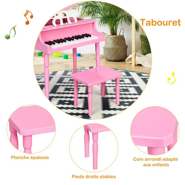 Piano Numérique 30 Touches pour Enfants avec Tabouret & Pupitre Clavier Electronique en Bois de Bouleau pour Enfants de 3-8 Ans Rose
