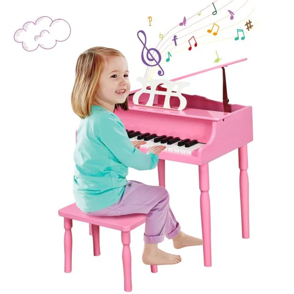 Piano Numérique 30 Touches pour Enfants avec Tabouret & Pupitre Clavier Electronique en Bois de Bouleau pour Enfants de 3-8 Ans Rose