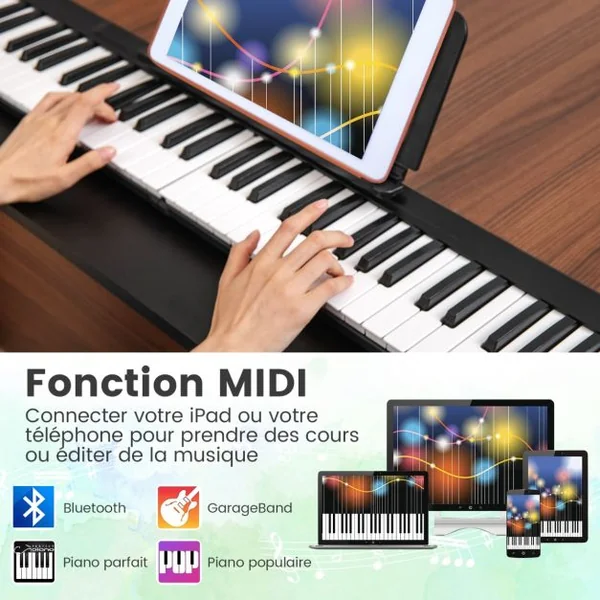 Piano Numérique Pliable à 88 Touches avec Fonction Bluetooth MIDI Clavier Électronique Portable avec Pédale de Sustain Sac de Transport