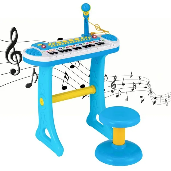 Piano pour Enfants de 3+ Ans avec 31 Touches Tabouret Microphone Effets Lumineux 8 Tonalités 7 Rythmes 45x23x45cm Bleu