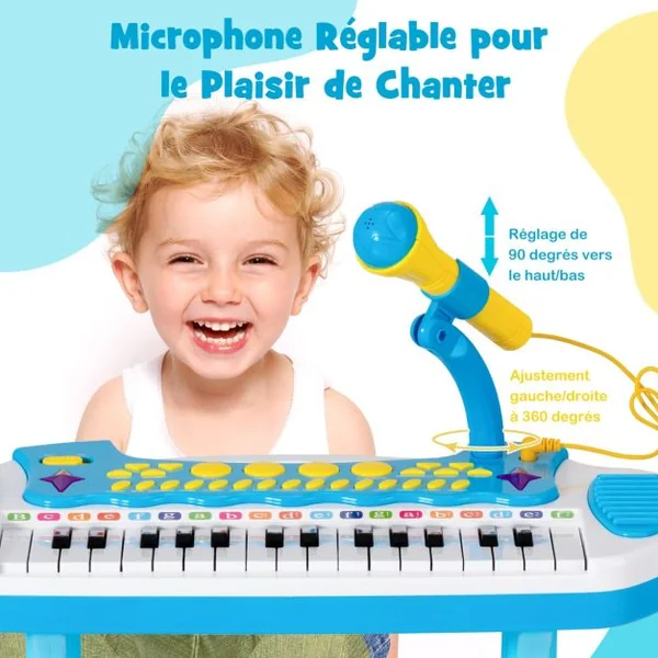 Piano pour Enfants de 3+ Ans avec 31 Touches Tabouret Microphone Effets Lumineux 8 Tonalités 7 Rythmes 45x23x45cm Bleu