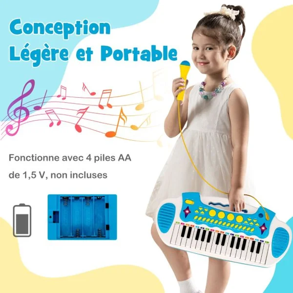 Piano pour Enfants de 3+ Ans avec 31 Touches Tabouret Microphone Effets Lumineux 8 Tonalités 7 Rythmes 45x23x45cm Bleu