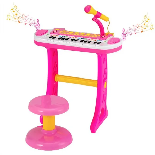 Piano pour Enfants de 3+ Ans avec 31 Touches Tabouret Microphone Effets Lumineux 8 Tonalités 7 Rythmes 45x23x45cm Rose