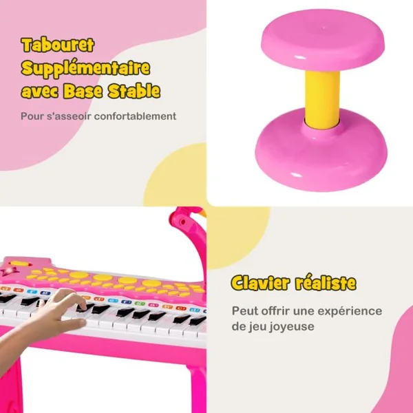 Piano pour Enfants de 3+ Ans avec 31 Touches Tabouret Microphone Effets Lumineux 8 Tonalités 7 Rythmes 45x23x45cm Rose