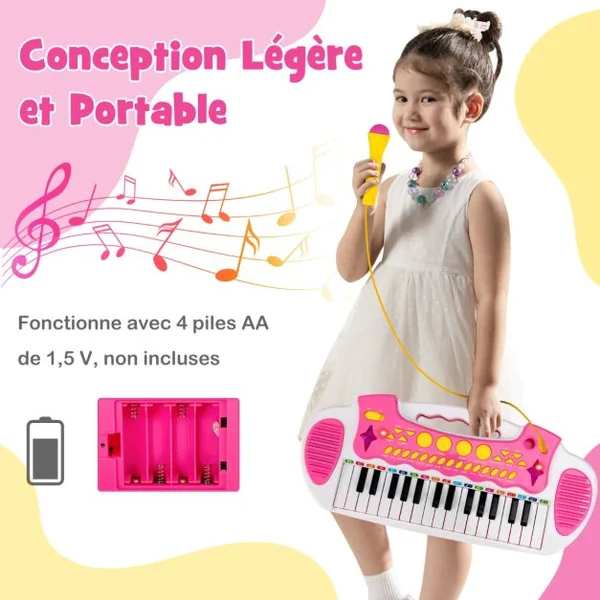Piano pour Enfants de 3+ Ans avec 31 Touches Tabouret Microphone Effets Lumineux 8 Tonalités 7 Rythmes 45x23x45cm Rose
