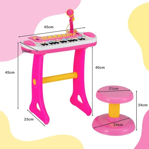 Piano pour Enfants de 3+ Ans avec 31 Touches Tabouret Microphone Effets Lumineux 8 Tonalités 7 Rythmes 45x23x45cm Rose