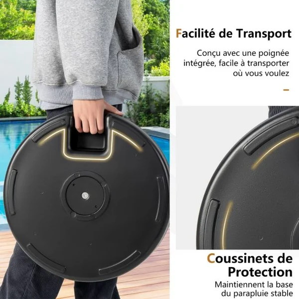 Pied de Parasol Lourd pour Parasolφ38/48 mm Socle Parasol Extérieur en HDPE Rempli de 28Kg Sable/18L Eau Dia.50 x H30 cm