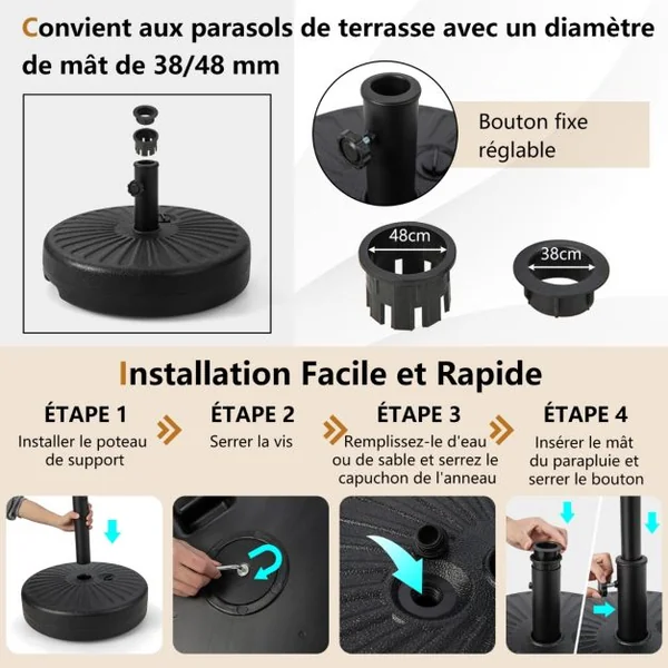 Pied de Parasol Lourd pour Parasolφ38/48 mm Socle Parasol Extérieur en HDPE Rempli de 28Kg Sable/18L Eau Dia.50 x H30 cm