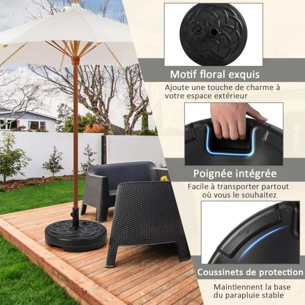 Pied de Parasol Lourd pour Parasolφ38/48 mm Socle Parasol Extérieur en HDPE Rempli de 39Kg Sable/ 23L Eau Dia.56 x H30 cm