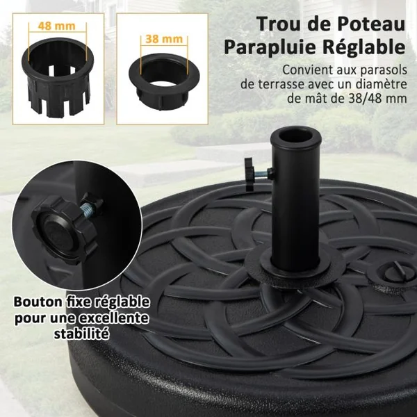 Pied de Parasol Lourd pour Parasolφ38/48 mm Socle Parasol Extérieur en HDPE Rempli de 39Kg Sable/ 23L Eau Dia.56 x H30 cm