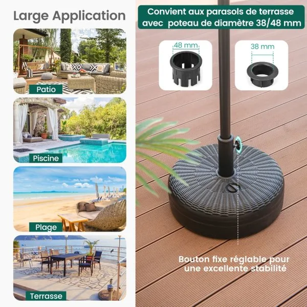 Pied de Parasol pour Parasolφ38 mm/48 mm Socle Parasol Extérieur en HDPE Rempli de 30 kg Sable/ 15,5L Eau Dia.45 x H30 cm