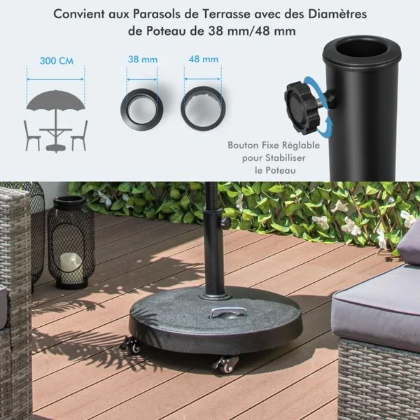 Pied de Parasol sur Roulettes φ52CM Socle Parasol Extérieur en Résine avec 2 Poignées Rétractables 4 Roue Verrouillables pour Poteaux de Parasol 38/48 mm
