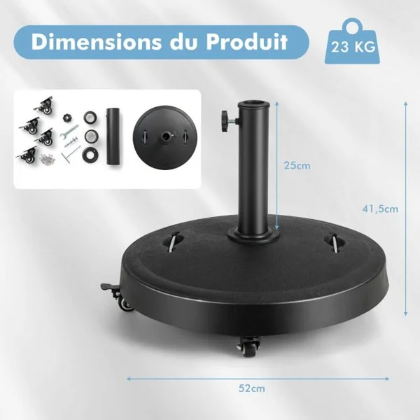 Pied de Parasol sur Roulettes φ52CM Socle Parasol Extérieur en Résine avec 2 Poignées Rétractables 4 Roue Verrouillables pour Poteaux de Parasol 38/48 mm