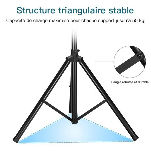 Pied d'Enceinte Pliant Trépied de Haut-parleurs Pliable Hauteur Réglable 97-181cm Capacité 50kg en Fer et PP Noir