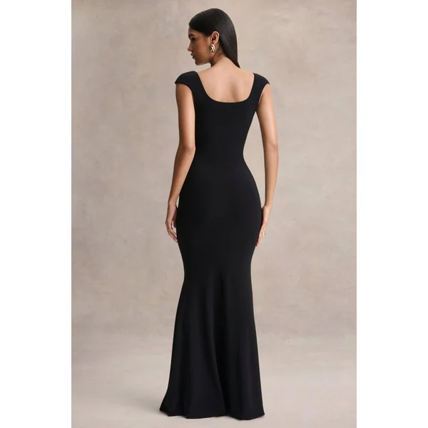 Piper | Robe longue noire à encolure carrée et manches courtes