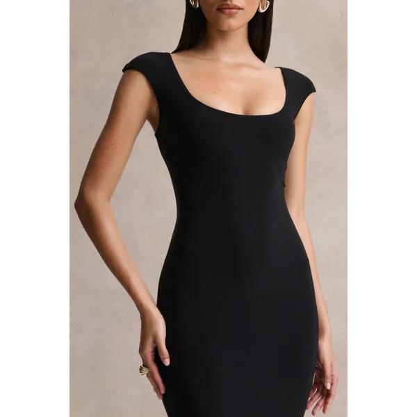 Piper | Robe longue noire à encolure carrée et manches courtes