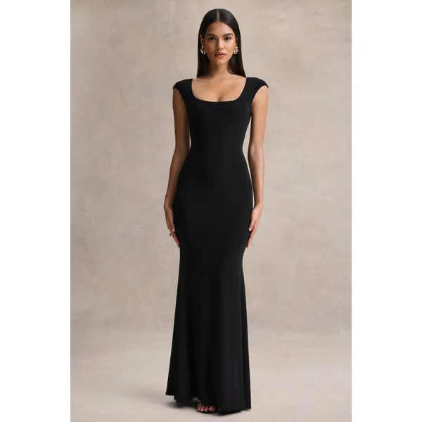 Piper | Robe longue noire à encolure carrée et manches courtes