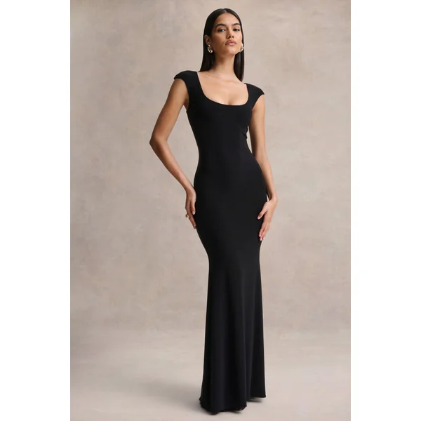 Piper | Robe longue noire à encolure carrée et manches courtes
