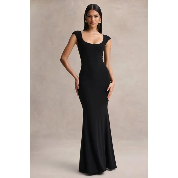 Piper | Robe longue noire à encolure carrée et manches courtes