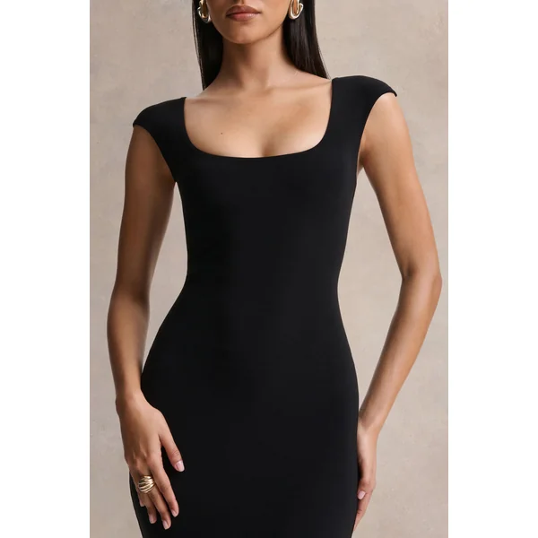 Piper | Robe longue noire à encolure carrée et manches courtes