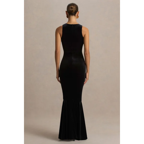 Pippa | Robe longue sirène en velours noir à col rond