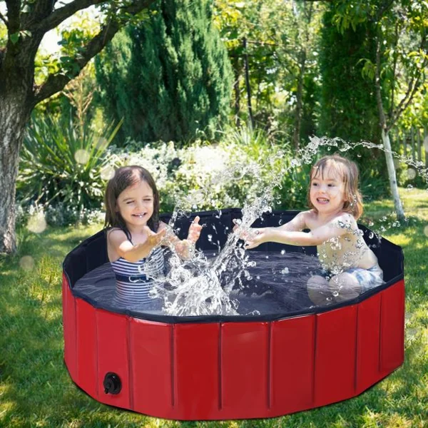 Piscine Pliable en PVC Ø120xH30 cm Baignoire Portable pour Animaux de Compagnie Rouge