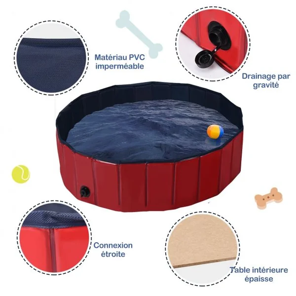 Piscine Pliable en PVC Ø120xH30 cm Baignoire Portable pour Animaux de Compagnie Rouge