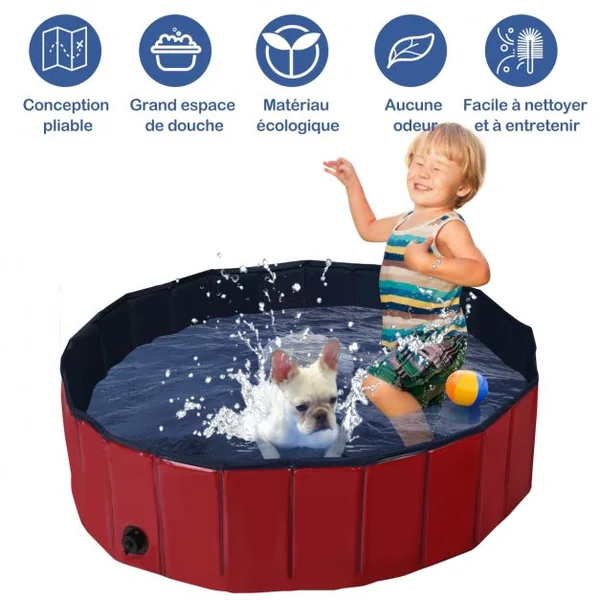 Piscine Pliable en PVC Ø120xH30 cm Baignoire Portable pour Animaux de Compagnie Rouge