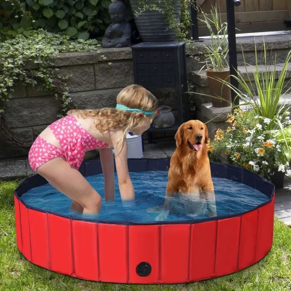 Piscine Pliable en PVC Ø140xH30 cm Baignoire Portable pour Animaux de Compagnie Rouge