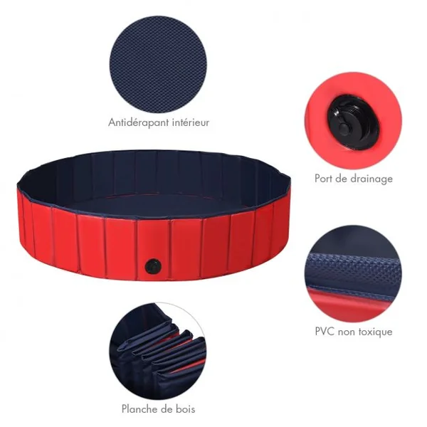 Piscine Pliable en PVC Ø140xH30 cm Baignoire Portable pour Animaux de Compagnie Rouge