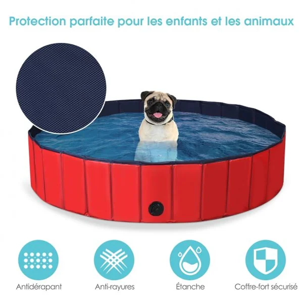 Piscine Pliable en PVC Ø140xH30 cm Baignoire Portable pour Animaux de Compagnie Rouge