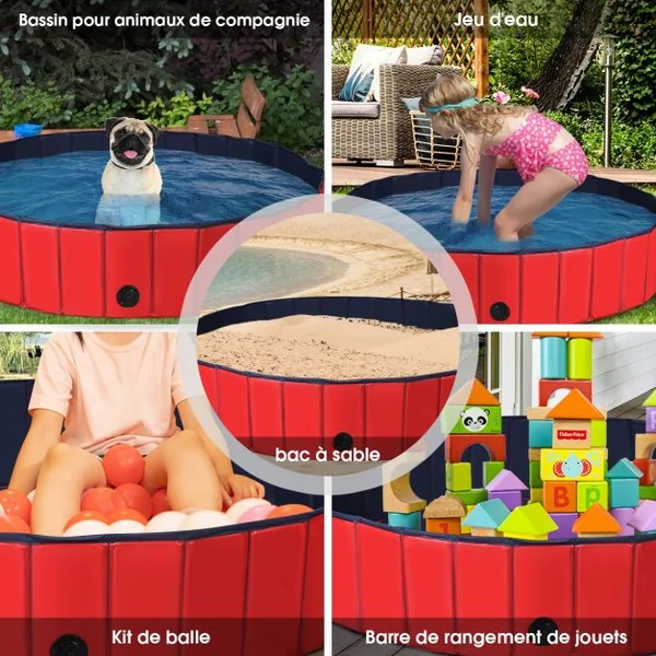 Piscine Pliable en PVC Ø140xH30 cm Baignoire Portable pour Animaux de Compagnie Rouge