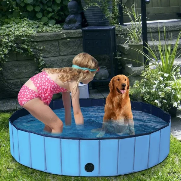 Piscine Pliable pour Chiens 160x30CM avec Robinet de Vidange Rotatif et Fond Antidérapant en PVC Bleu