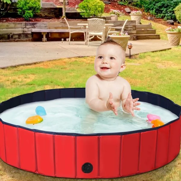 Piscine Pliable pour Chiens 160x30CM avec Robinet de Vidange Rotatif et Fond Antidérapant en PVC Rouge