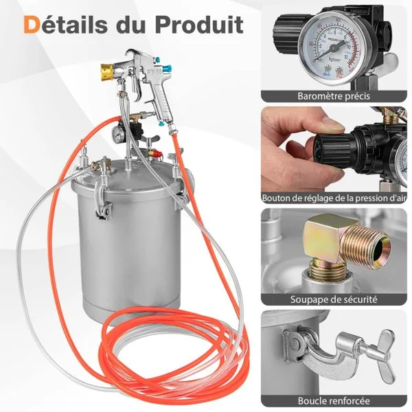 Pistolet de Peinture de 15 L Réservoir de Peinture à Haute Pression avec Baromètre 3,5 mm Buse 3 Boutons de Réglage 5 m