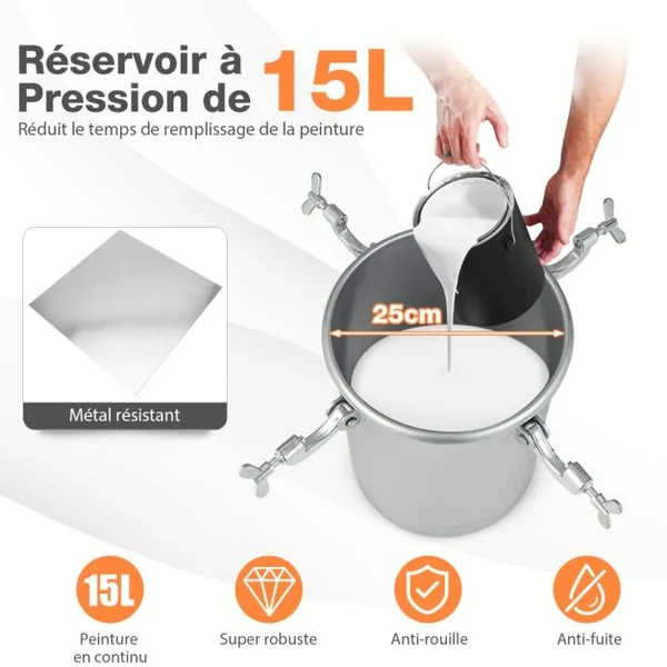 Pistolet de Peinture de 15 L Réservoir de Peinture à Haute Pression avec Baromètre 3,5 mm Buse 3 Boutons de Réglage 5 m